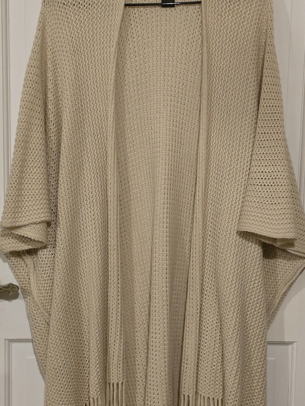 Cream Fringe Open-Knit Women's Sweater Poncho